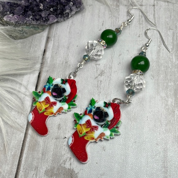 French Bulldog Acrylic Christmas Dangle Earrings Hand Crafted And Double Sided - Picture 7 of 12